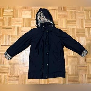 Classic Burberry raincoat, fully lined with removable hood. Size 12.